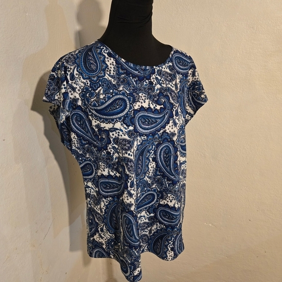 Express Tops - NWT Express Blue and White Cap Sleeve Paisley Blouse Size L